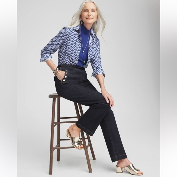 NWT CHICO’S Shirt No Iron Cotton Blue White Diamond Print Sz:16 (Chico’s Sz: 3) - Picture 12 of 13